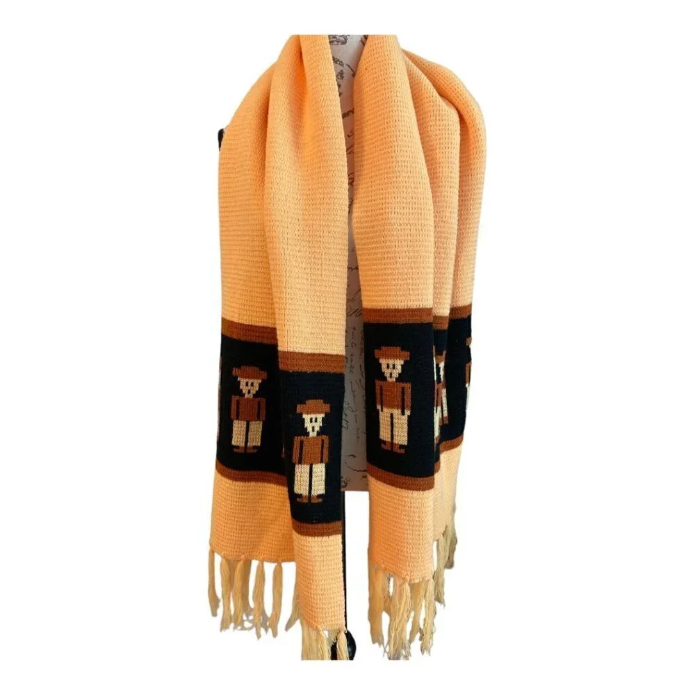 Scarf or shawl, golden yellow with black figures, heavy, international,unique